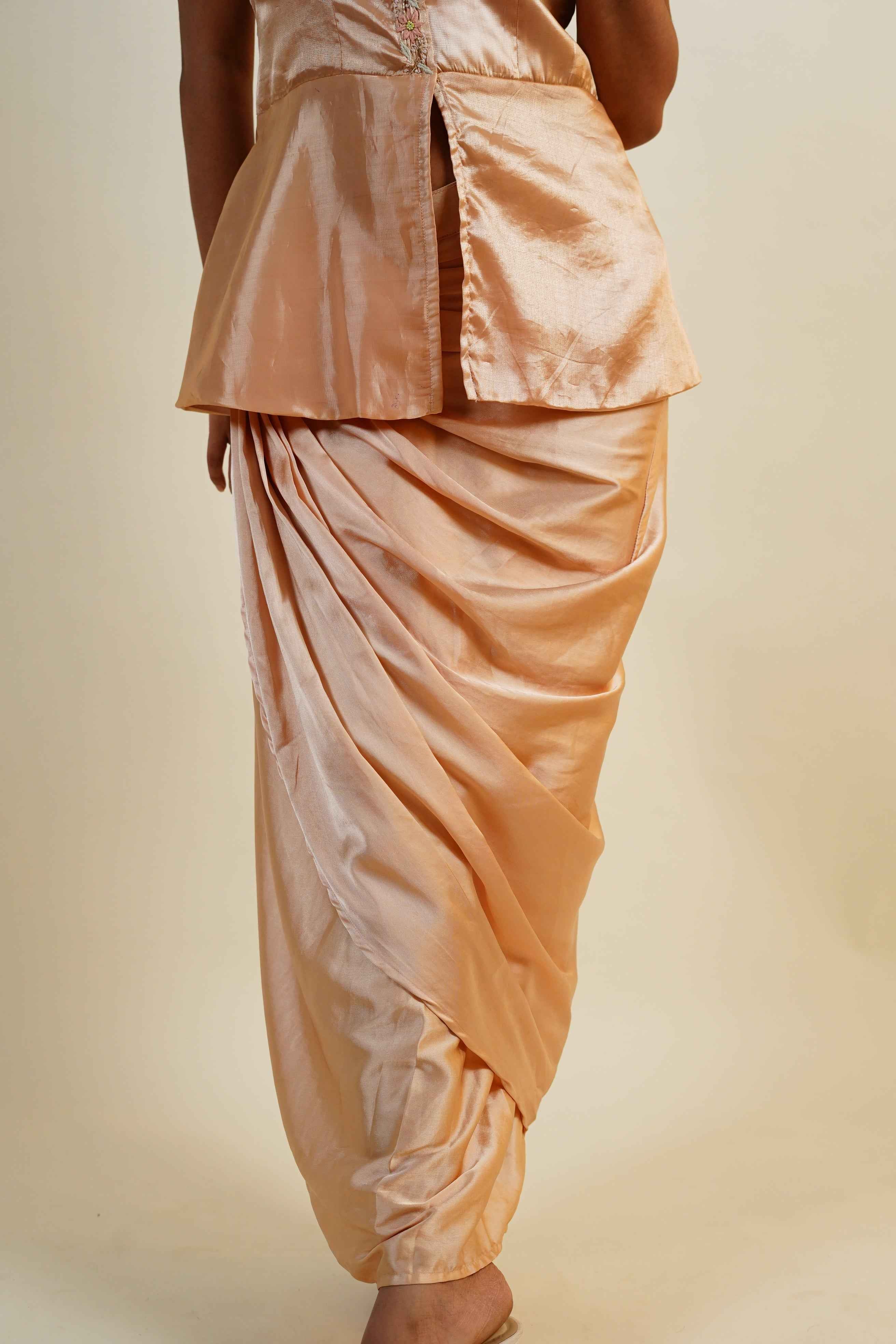 Sunheri-Copper Glaze Sleeveless Peplum and Dhoti Skirt Set handcrafted chikankari