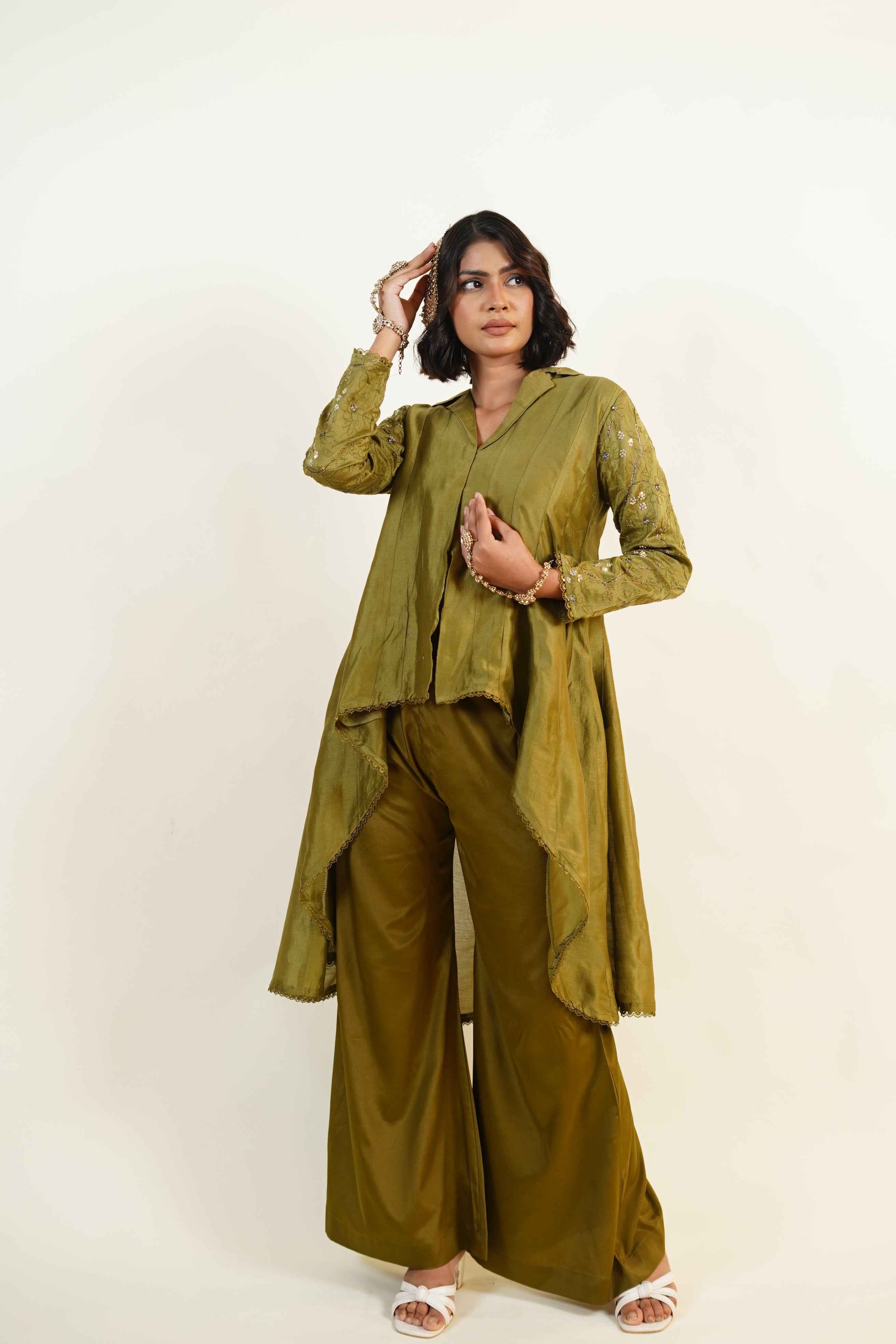 Hoor-Deep Olive green chikankari and zardozi handcraftrd caot collar asymmetrical palazzo set
