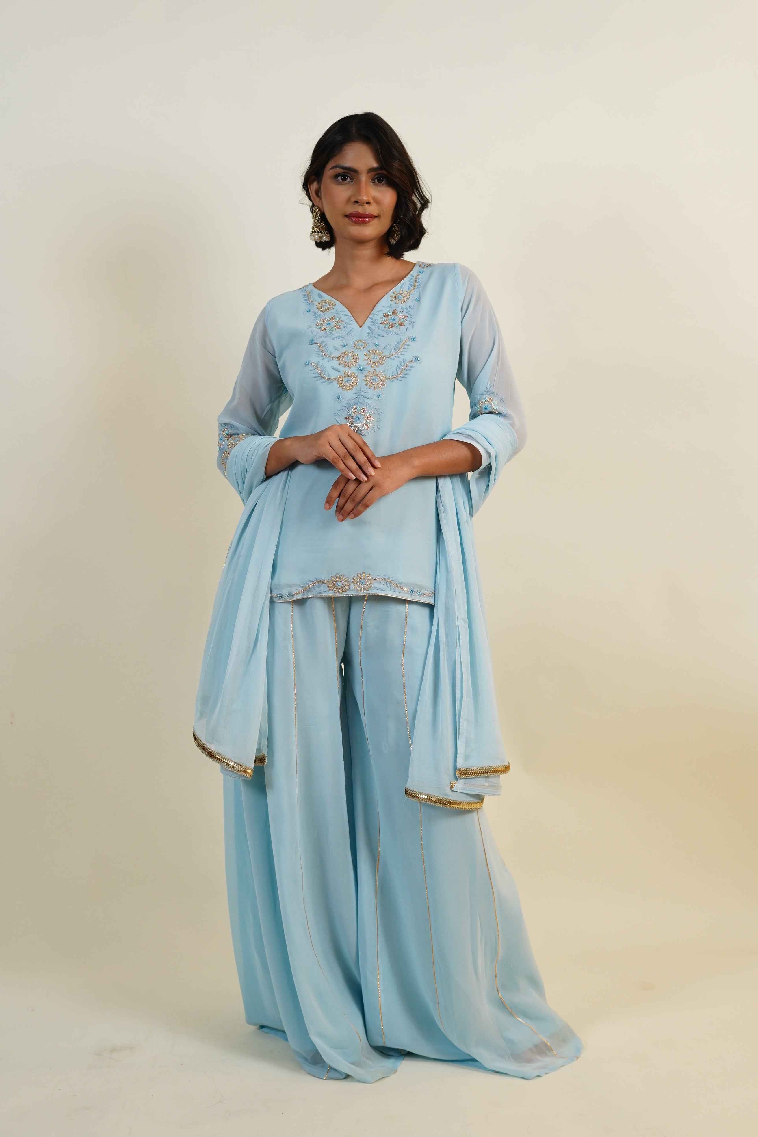 Nazm- Powder Blue Handcrafted Sharah Set Chikankari & Zardozi