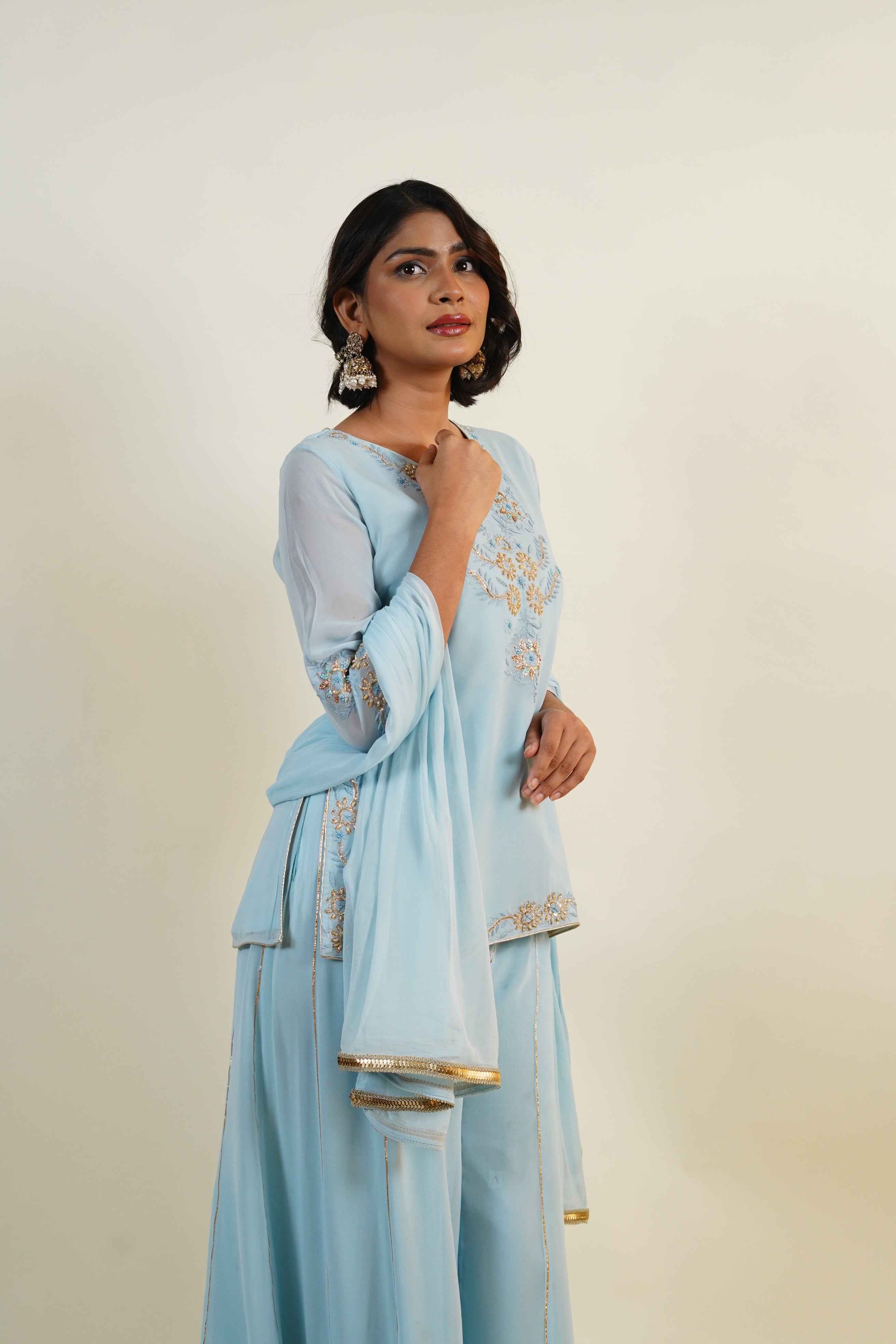 Nazm- Powder Blue Handcrafted Sharah Set Chikankari & Zardozi
