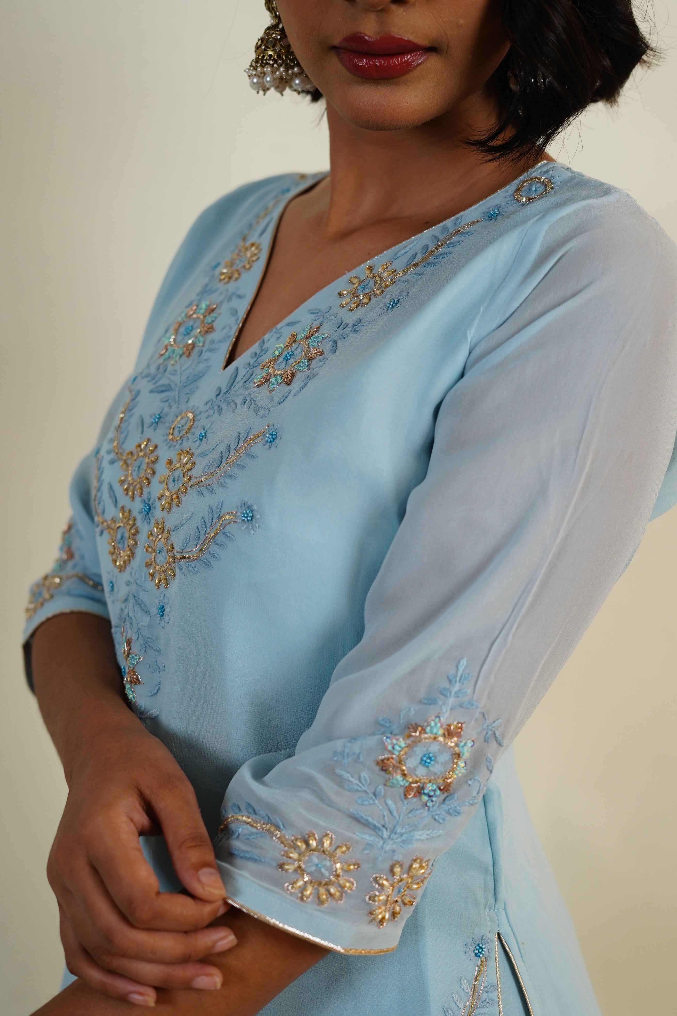 Nazm- Powder Blue Handcrafted Sharah Set Chikankari & Zardozi