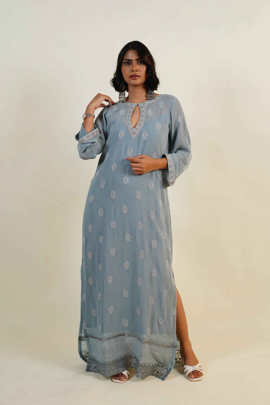 Maahira- Gray Chilkankari & Zardosi Kaftan Dress