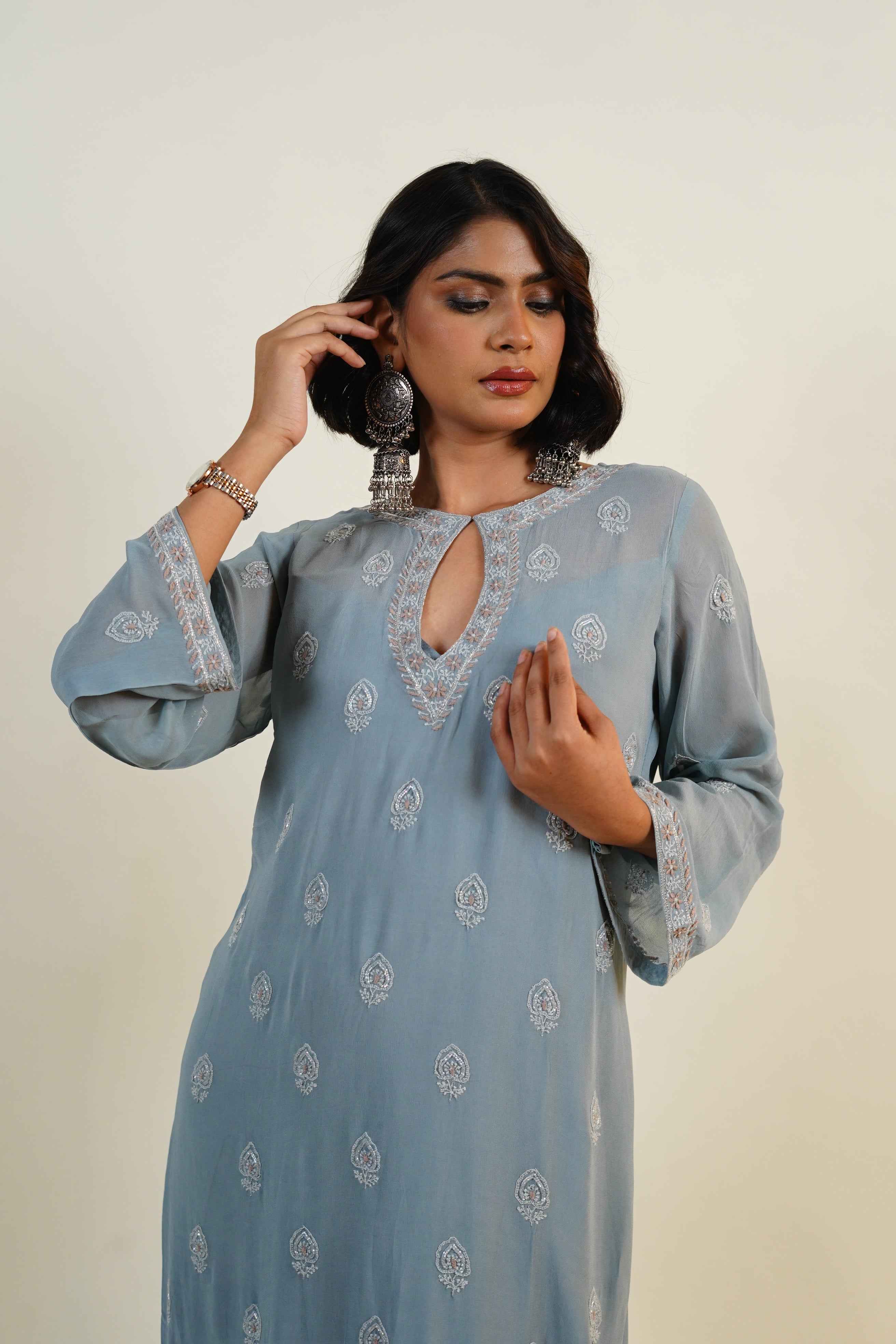 Maahira- Gray Chilkankari & Zardosi Kaftan Dress