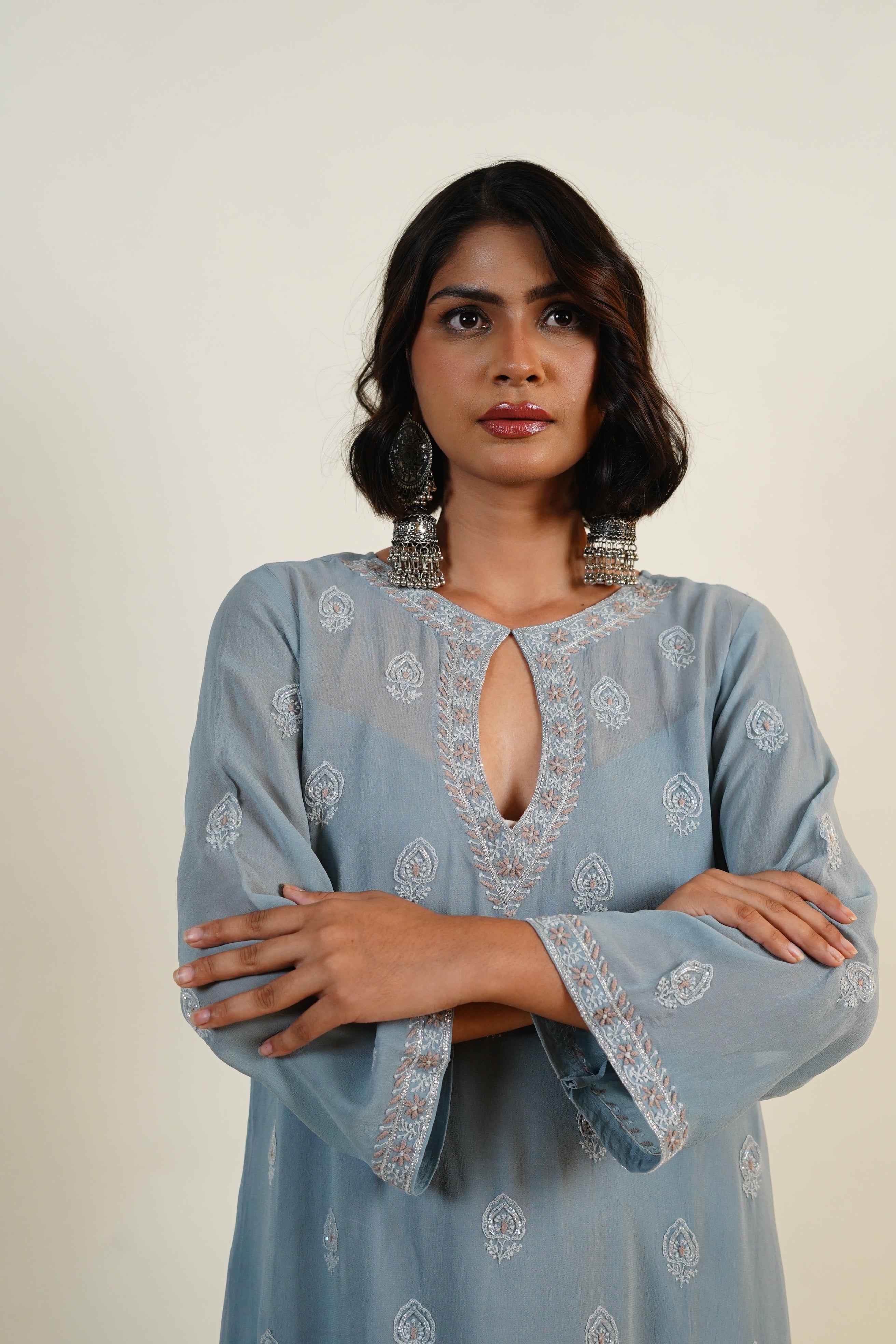 Maahira- Gray Chilkankari & Zardosi Kaftan Dress