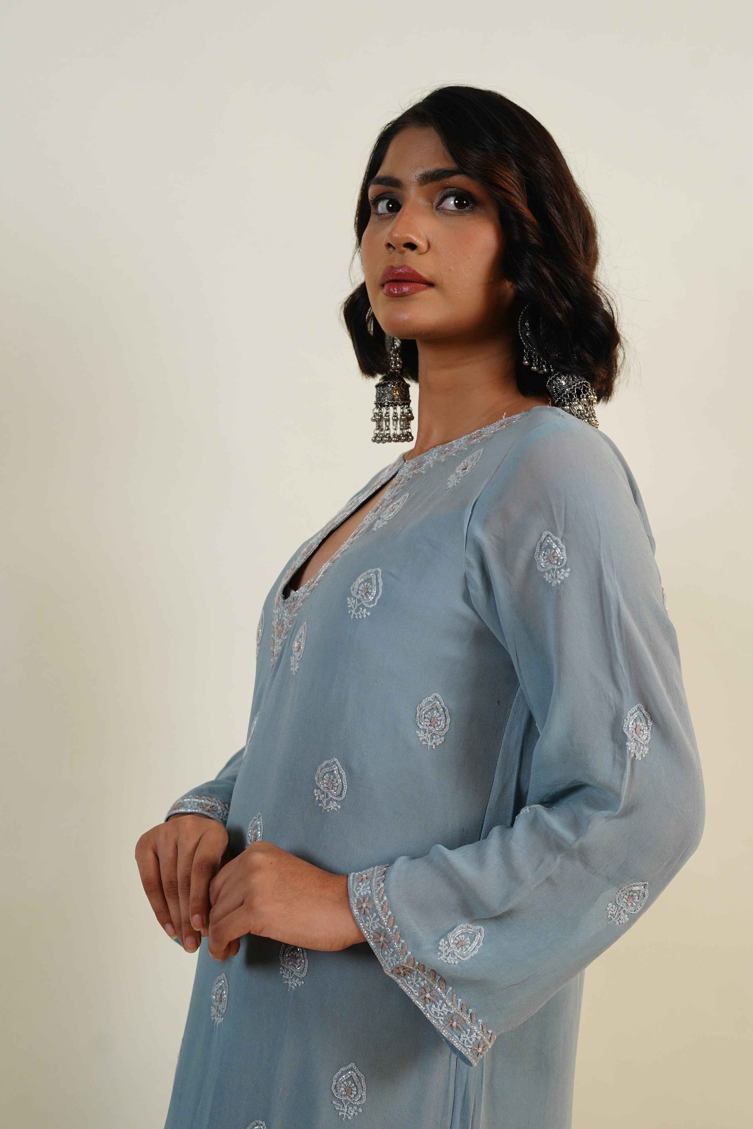 Maahira- Gray Chilkankari & Zardosi Kaftan Dress