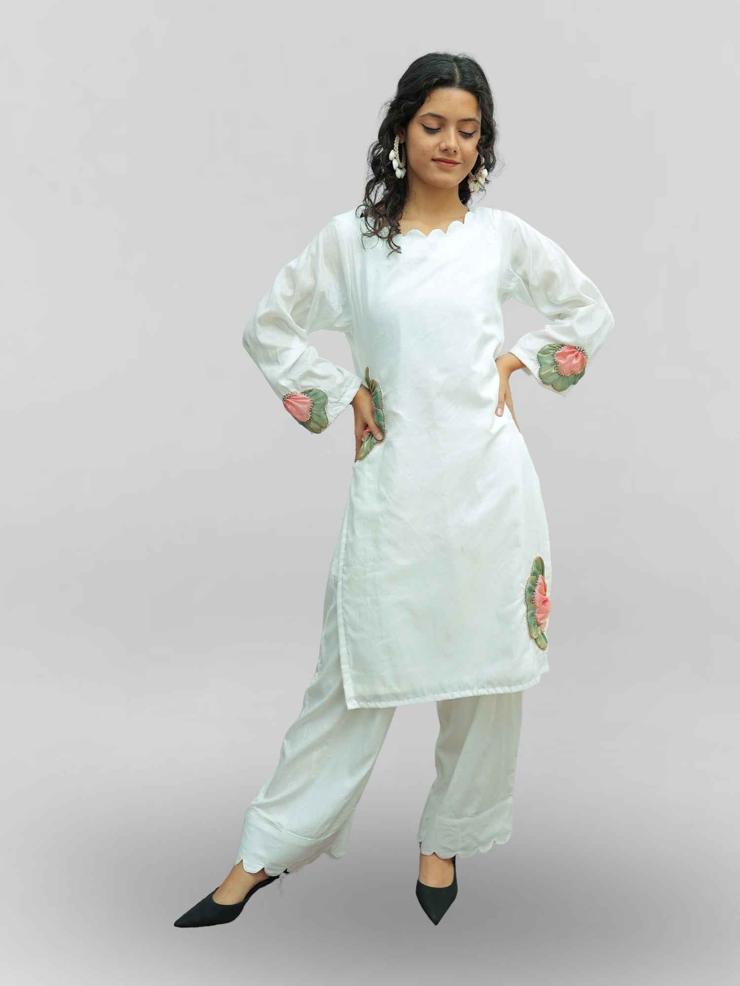 Luxury White Muslin Kurta Set with Handcrafted Zari Patch Work and Pink & Dusty Green Paper Silk Dupatta