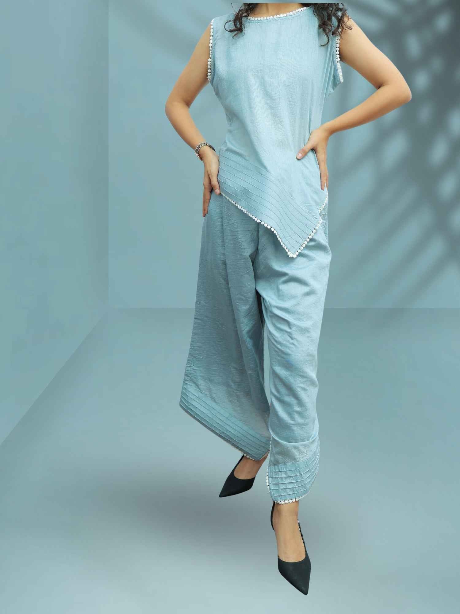 Luxury Light Grey Mul Chanderi Co-ord Set with Pintex & Lace Work for Women
