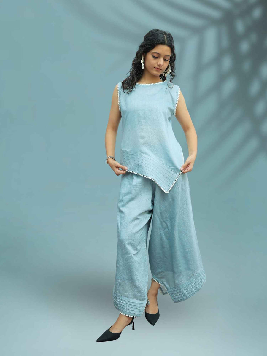 Riya-Luxury Light Grey Mul Chanderi Co-ord Set with Pintech & Lace Work for Women