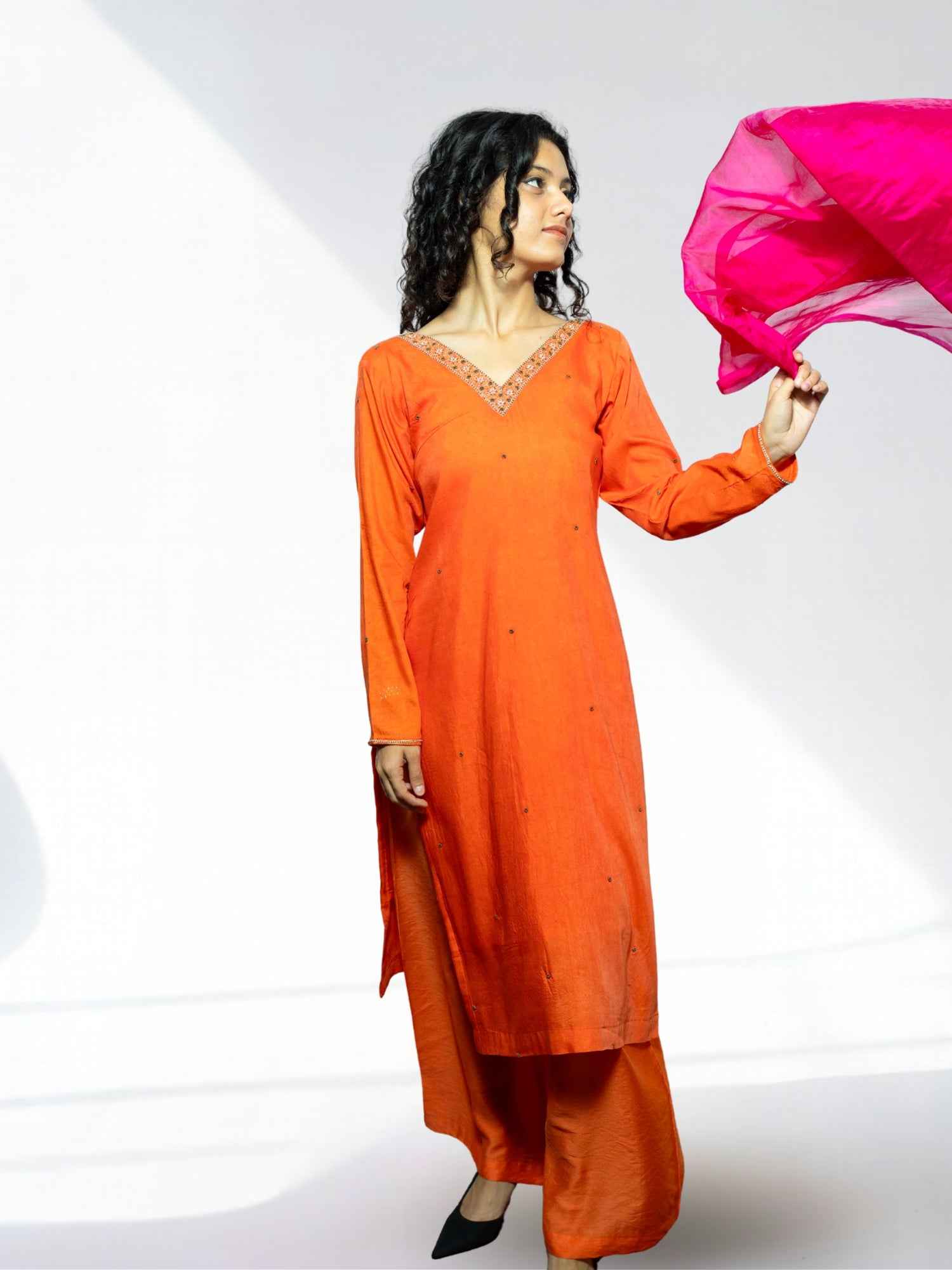 Nawaabiyat Dusty Orange Muslin Kurta Palazzo Set with Contrast Organza Dupatta | Handcrafted Zari & Zardozi