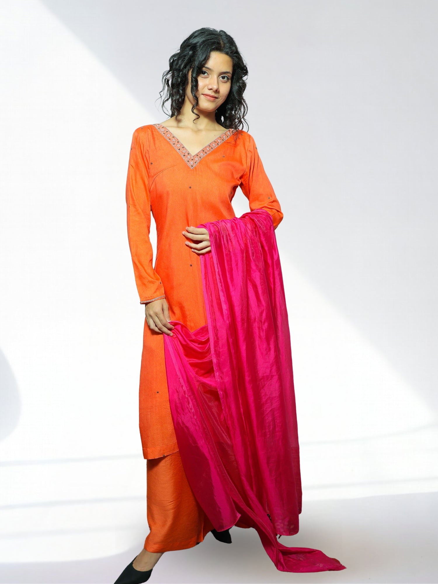 Nawaabiyat Dusty Orange Muslin Kurta Palazzo Set with Contrast Organza Dupatta | Handcrafted Zari & Zardozi