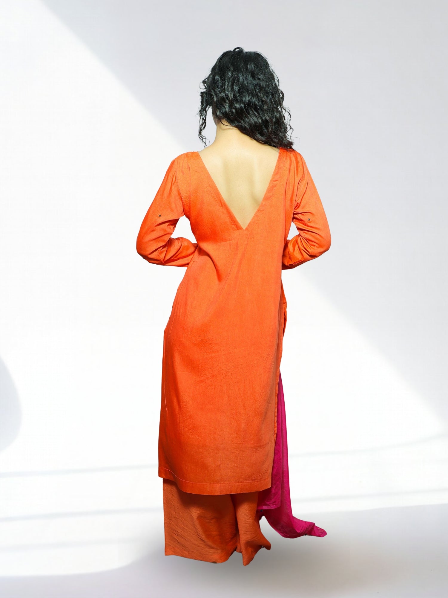 Nawaabiyat Dusty Orange Muslin Kurta Palazzo Set with Contrast Organza Dupatta | Handcrafted Zari & Zardozi
