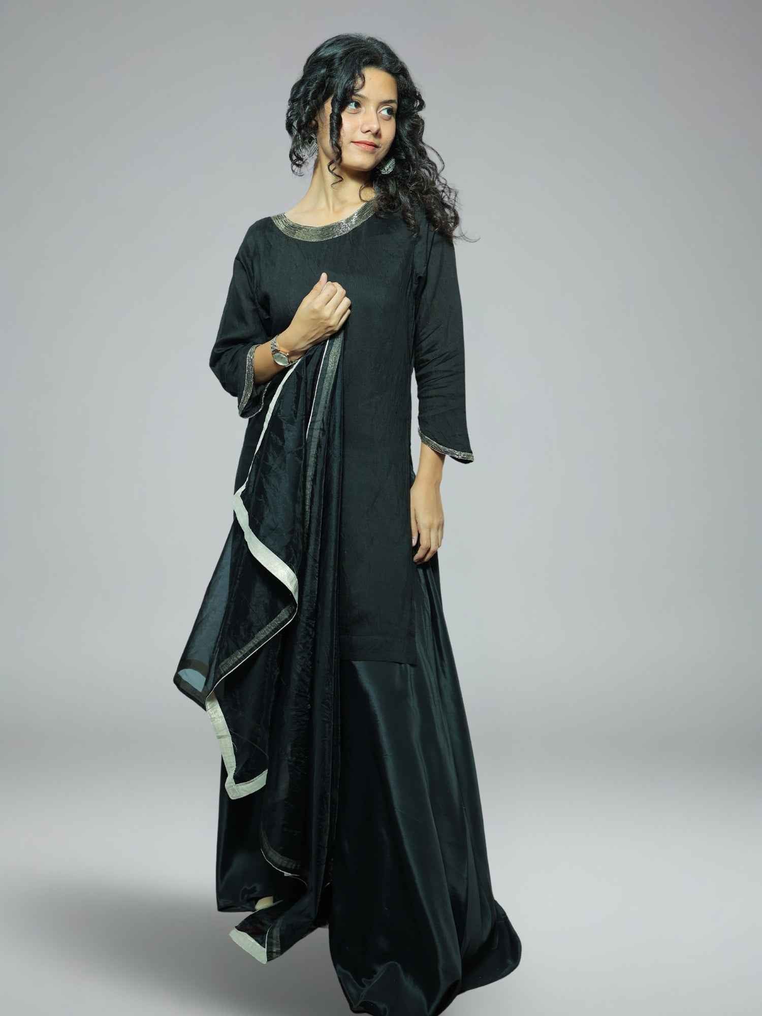 Nawaabiyat Black Mul Chanderi Kurti with Plazo & Organza Dupatta Set for Women | Hand-Embroidery Zari Work