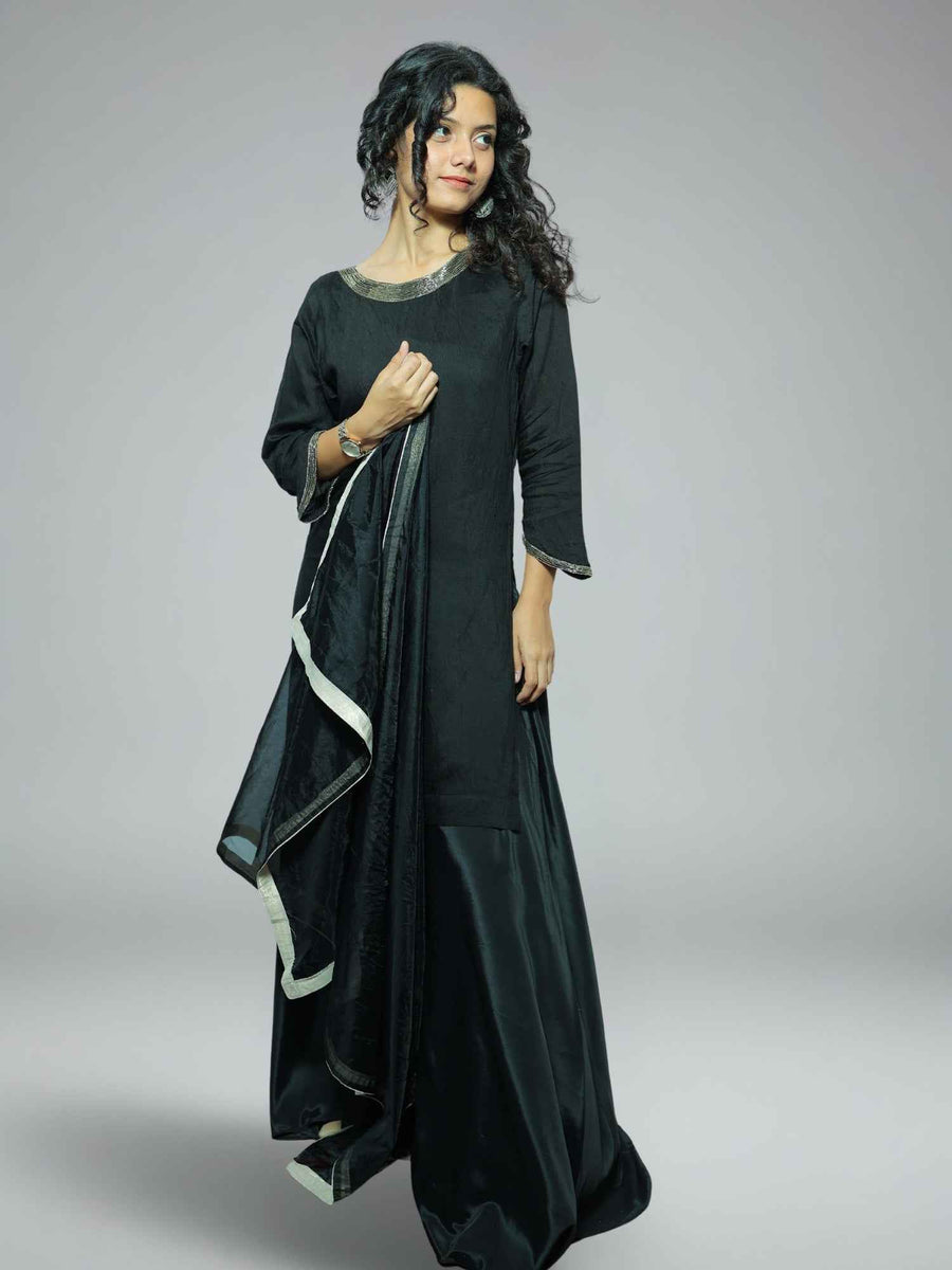 Nawaabiyat Black Mul Chanderi Kurti with Plazo & Organza Dupatta Set for Women | Hand-Embroidery Zari Work