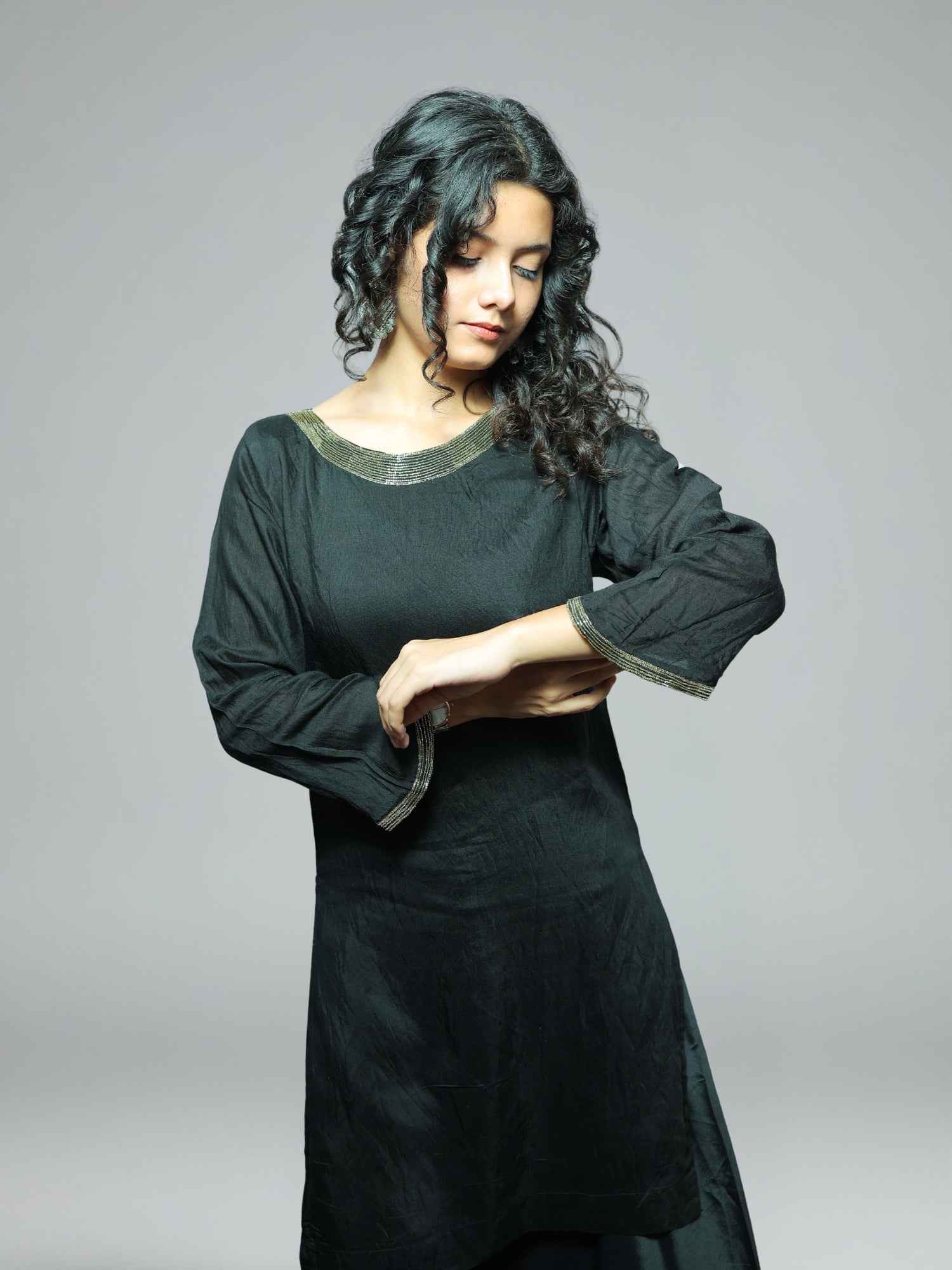 Nawaabiyat Black Mul Chanderi Kurti with Plazo & Organza Dupatta Set for Women | Hand-Embroidery Zari Work
