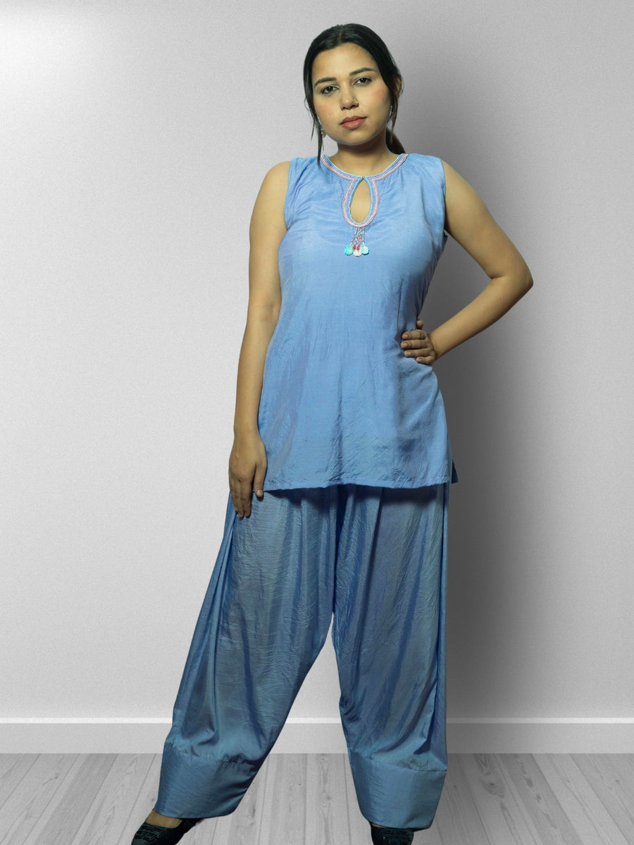 Nawaabiyat Blue Muslin Kurti with Farshi Salwar & Organza Dupatta Set for Women | Designer Ethnic Wear