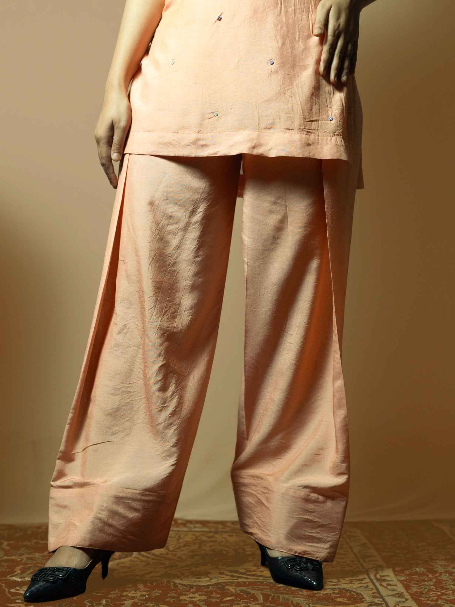 Nawaabiyat Peach Muslin Kurti with Farshi Salwar & Organza Dupatta | Handcrafted Zari & Zardozi Work | Women's Designer Ethnic Wear