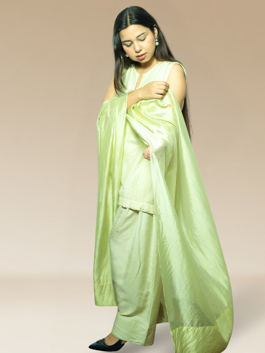Nawaabiyat Pista Green Muslin Kurti Farshi Salwar Dupatta Set for Women | Designer Ethnic Wear