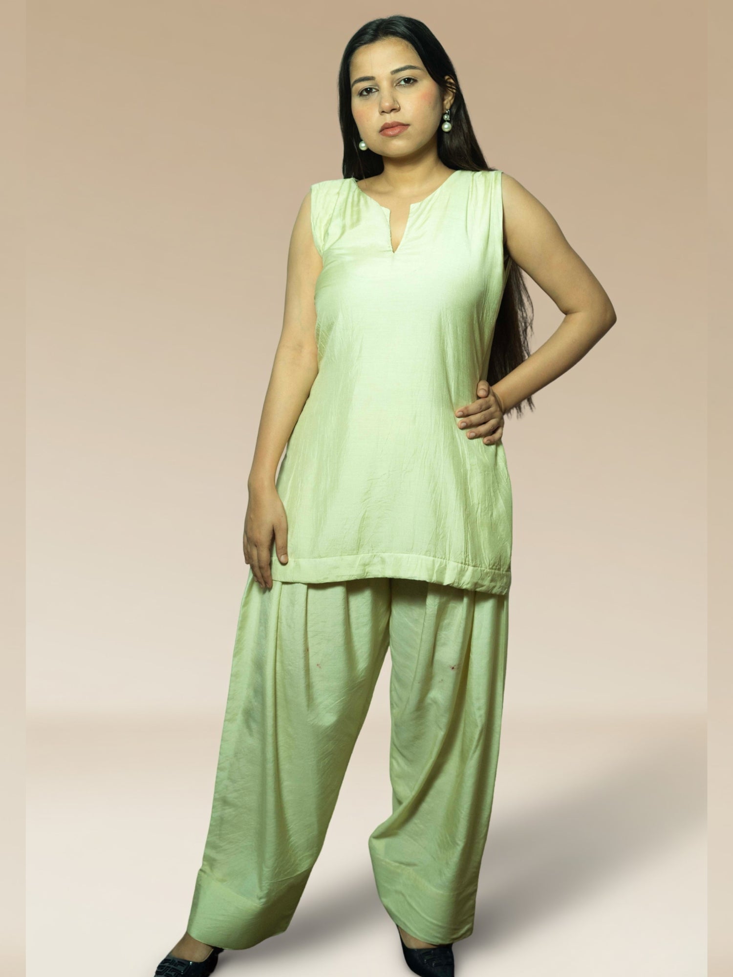 Nawaabiyat Pista Green Muslin Kurti Farshi Salwar Dupatta Set for Women | Designer Ethnic Wear