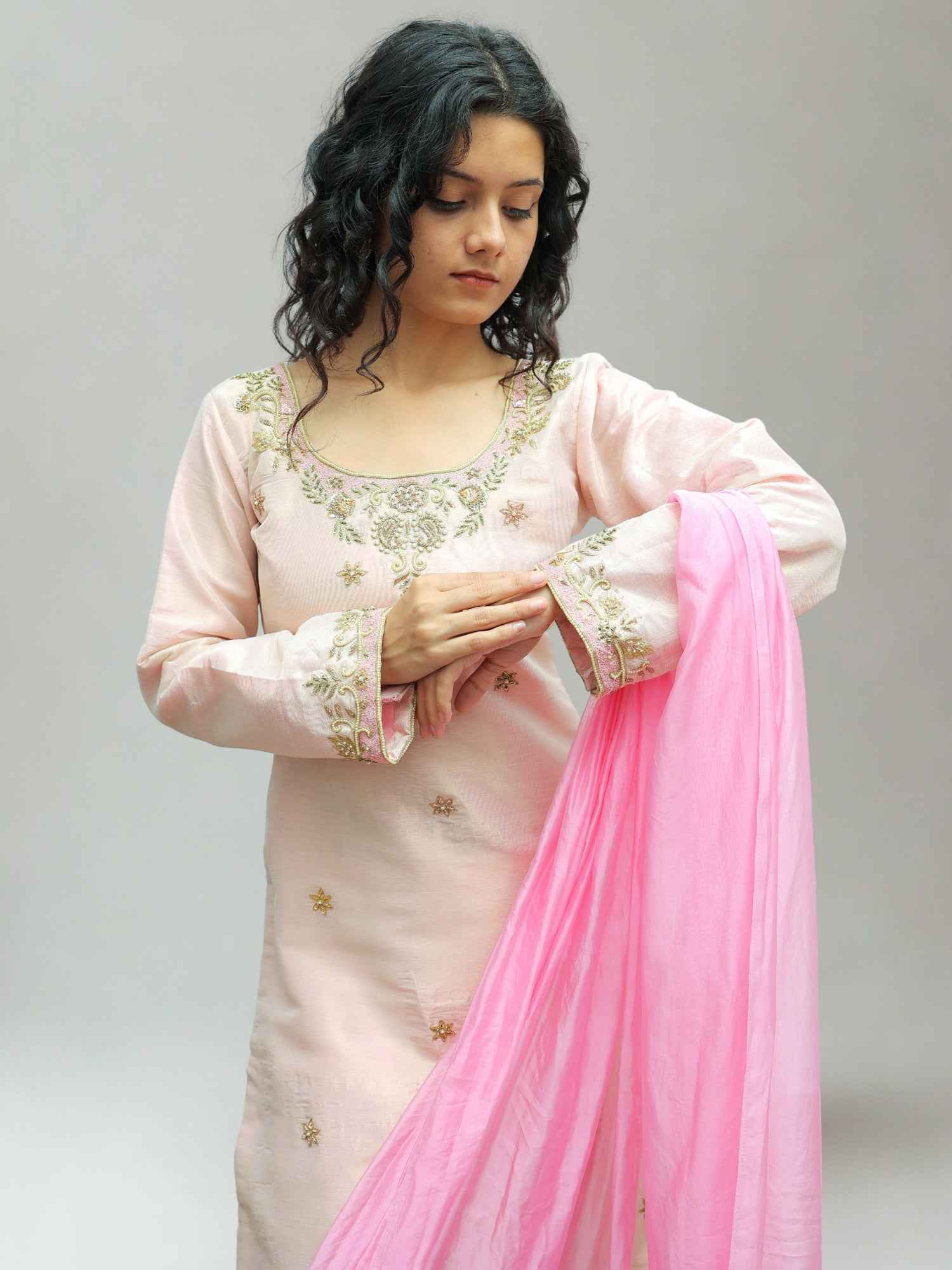 Luxury Golden Tissue Kurta Set with Handcrafted Zari & Zardozi Work and Contrast Pink Organza Dupatta