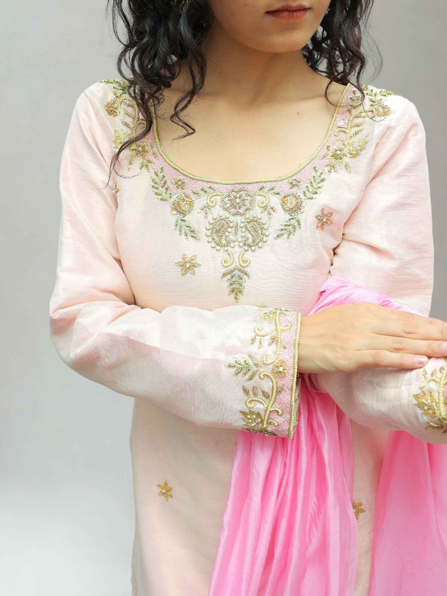 Luxury Golden Tissue Kurta Set with Handcrafted Zari & Zardozi Work and Contrast Pink Organza Dupatta