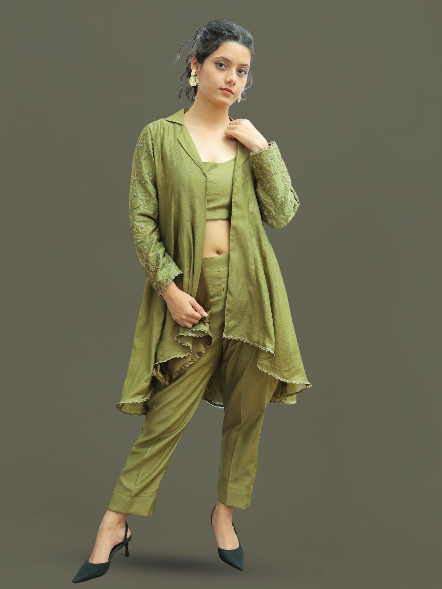 Hoor-Olive Green hand crafted sleeve Asymmetrical Kurta and Pant