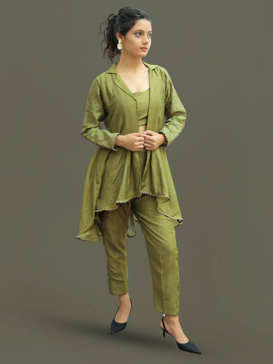 Hoor-Olive Green hand crafted sleeve Asymmetrical Kurta and Pant