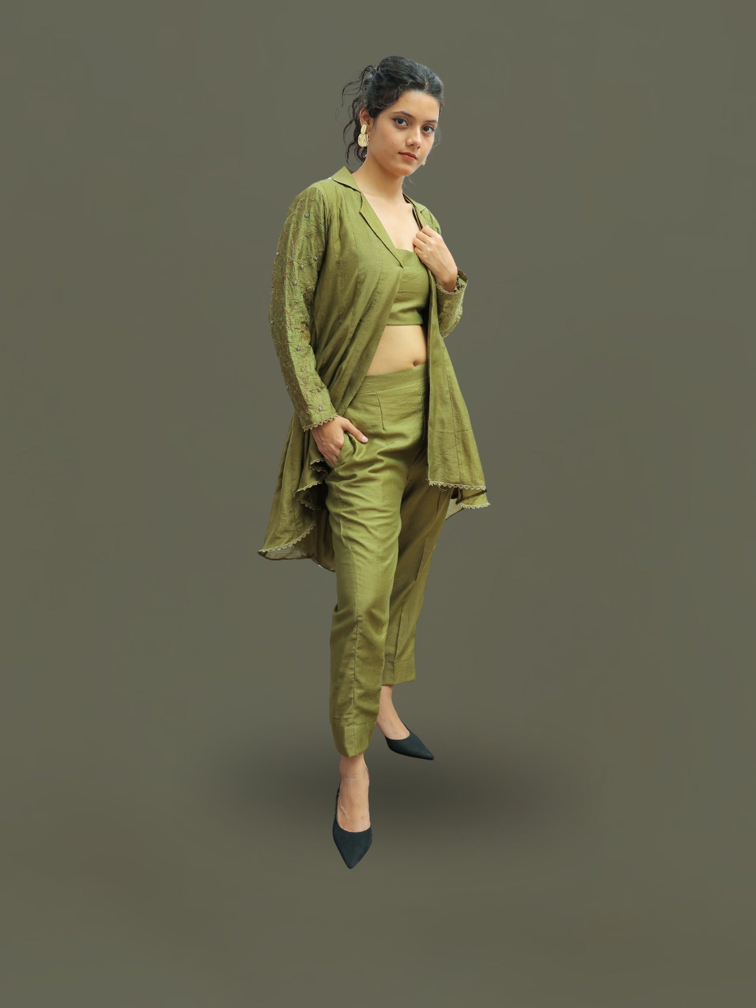 Hoor-Olive Green hand crafted sleeve Asymmetrical Kurta and Pant